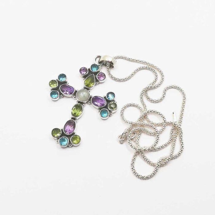 CIONDOLO CROCE AMETISTA PERIDOTO ADULARIA TOPAZIO ARGENTO 925, COLLANA IN ARGENTO COMPRESA NEL PREZZO