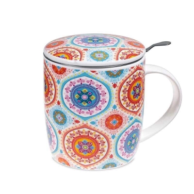 Tazza Da Thè Con Infusore In Acciaio - Design Mandala Patchwork, Porcellana, 400 Ml