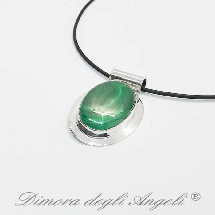 Ciondolo Malachite Argento con Collana in Caucciù 1504