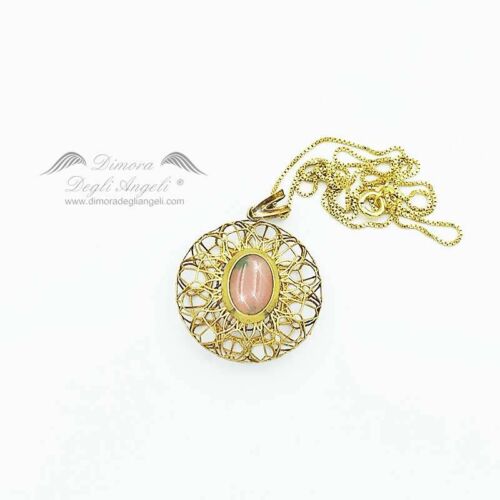 Opale Rosa Peruviano Ciondolo Argento Dorato Collana 2344